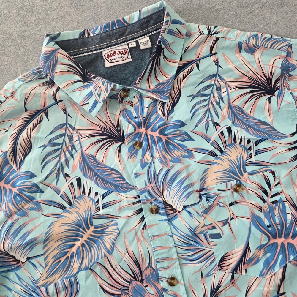 Ron Jon Surf Shop Mens XL Tropical Leaf Button Down Shirt Aqua Blue 2WV2010M